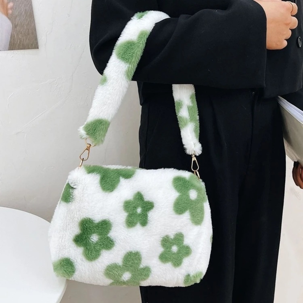 Y2K FASHION FLUFFY PLUSH GREEN FLOWER MINI SHOULDER BAG